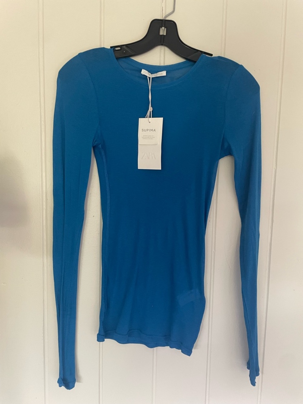 Zara Supima Long Sleeve Crewneck Top — Teal Blue Medium NWT